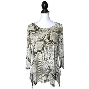 Clara Sun Woo Snake Print Olive Green 3/4 Sleeve Slinky Top Size Medium USA Made